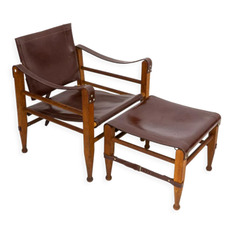 Teak Safari Chair and Ottoman in Leather from Aage Bruru & Son, 1960s