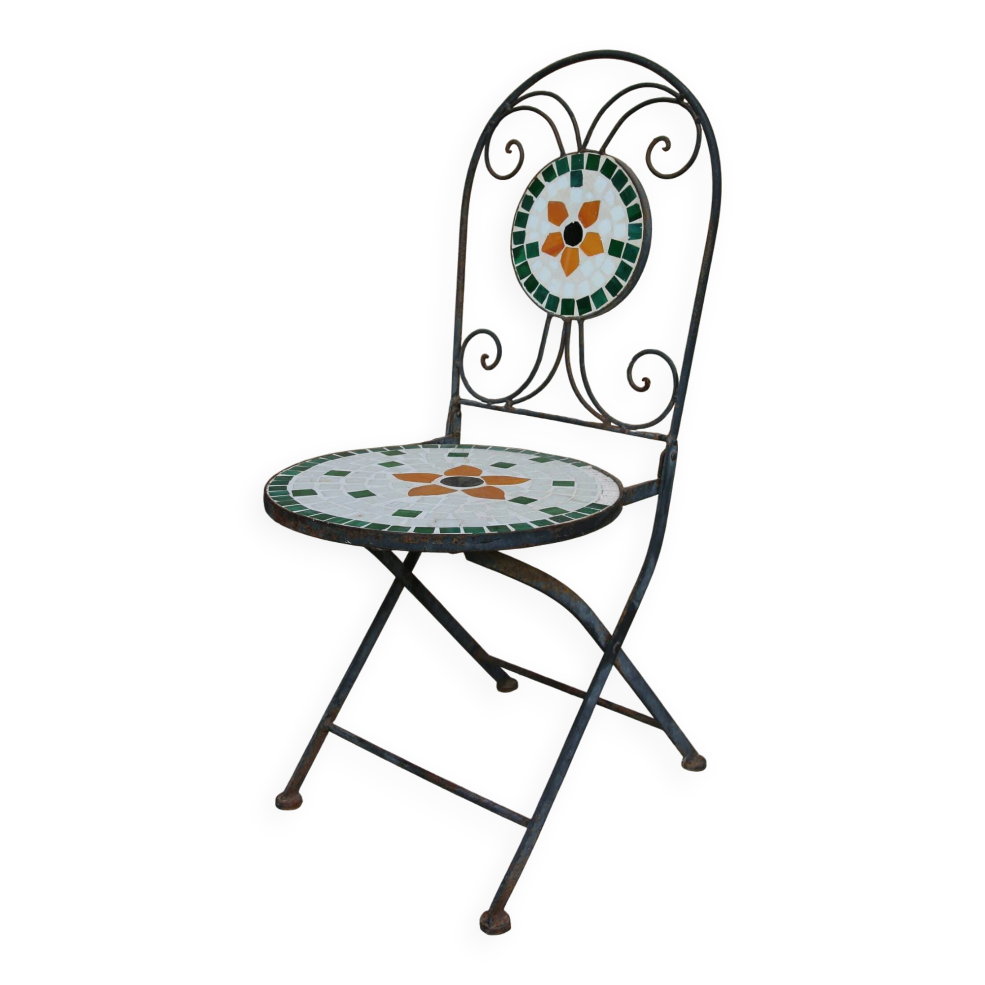Chaise de jardin pliante fer forgé et mosaïque