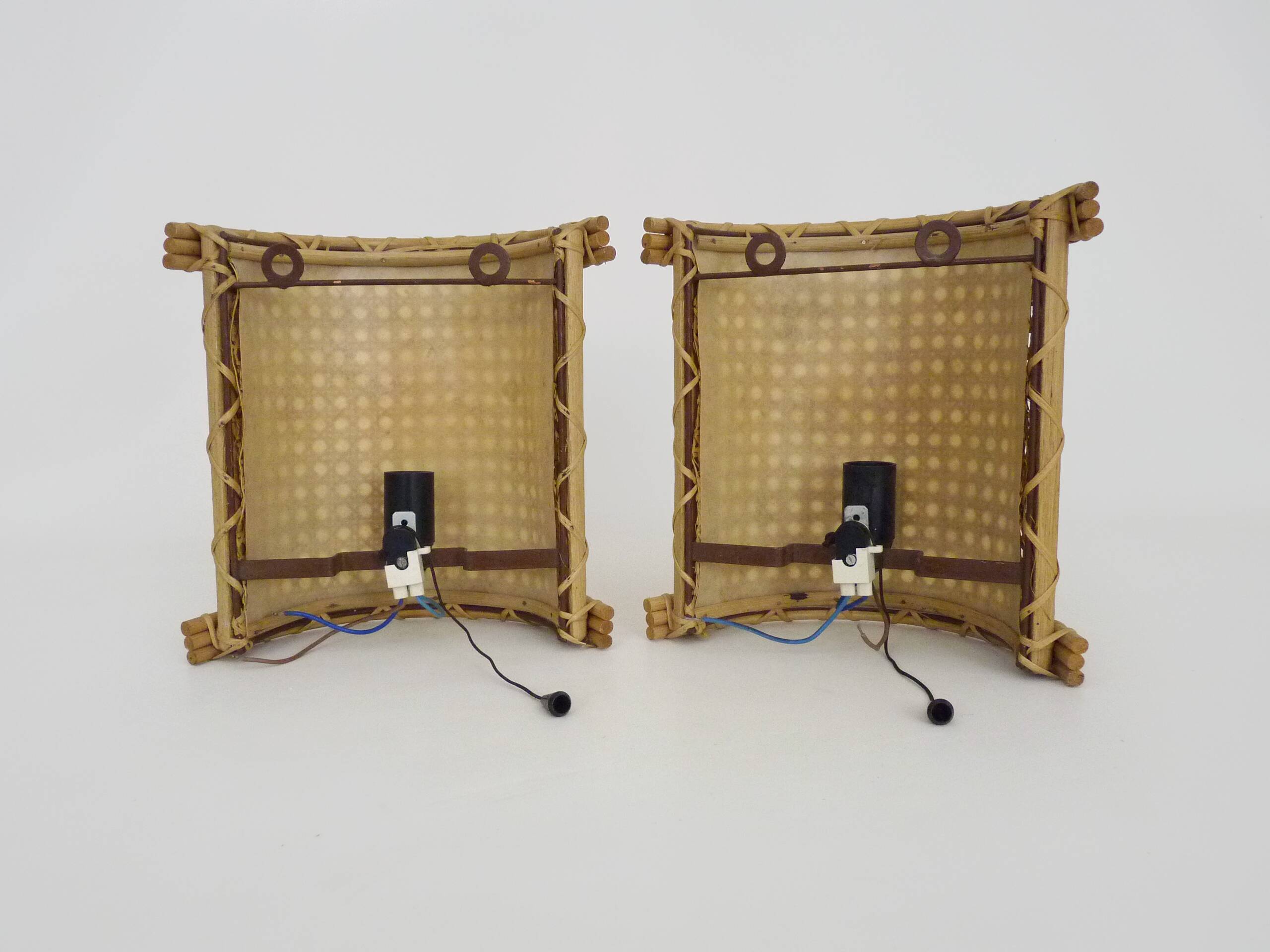 Pair of Vintage Rattan Cane Wall Sconces with Pull Chain