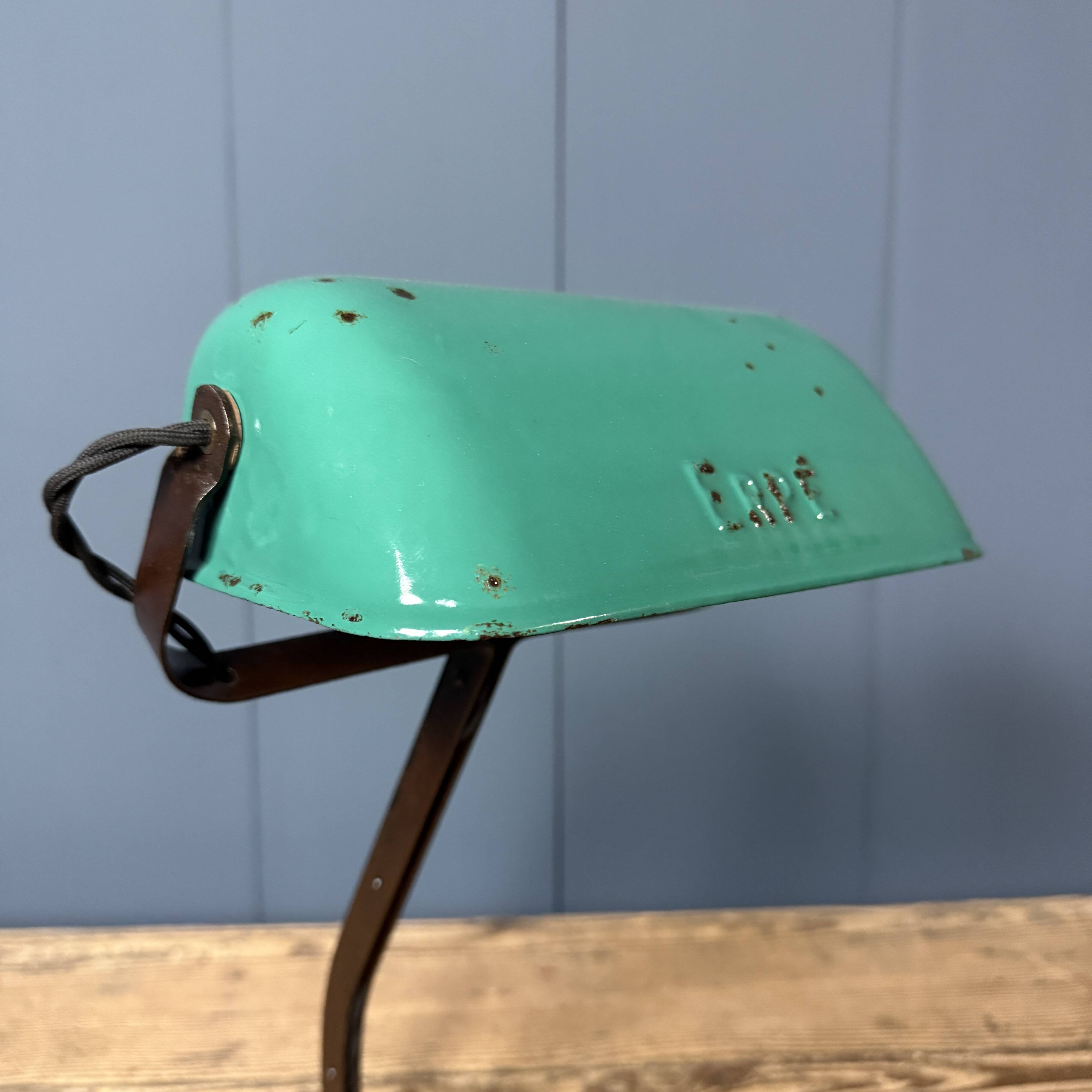 Erpé banker’s lamp with a turquoise enamel shade.