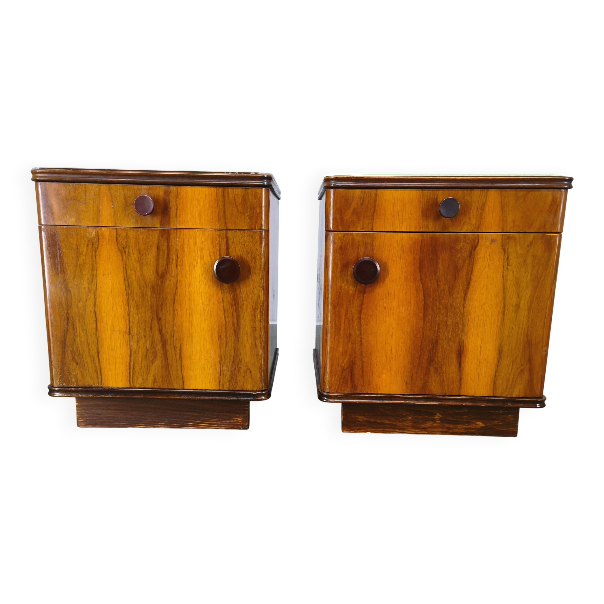 Pair of Mid-Century Walnut Nightstands with Glass Tops, 1950s