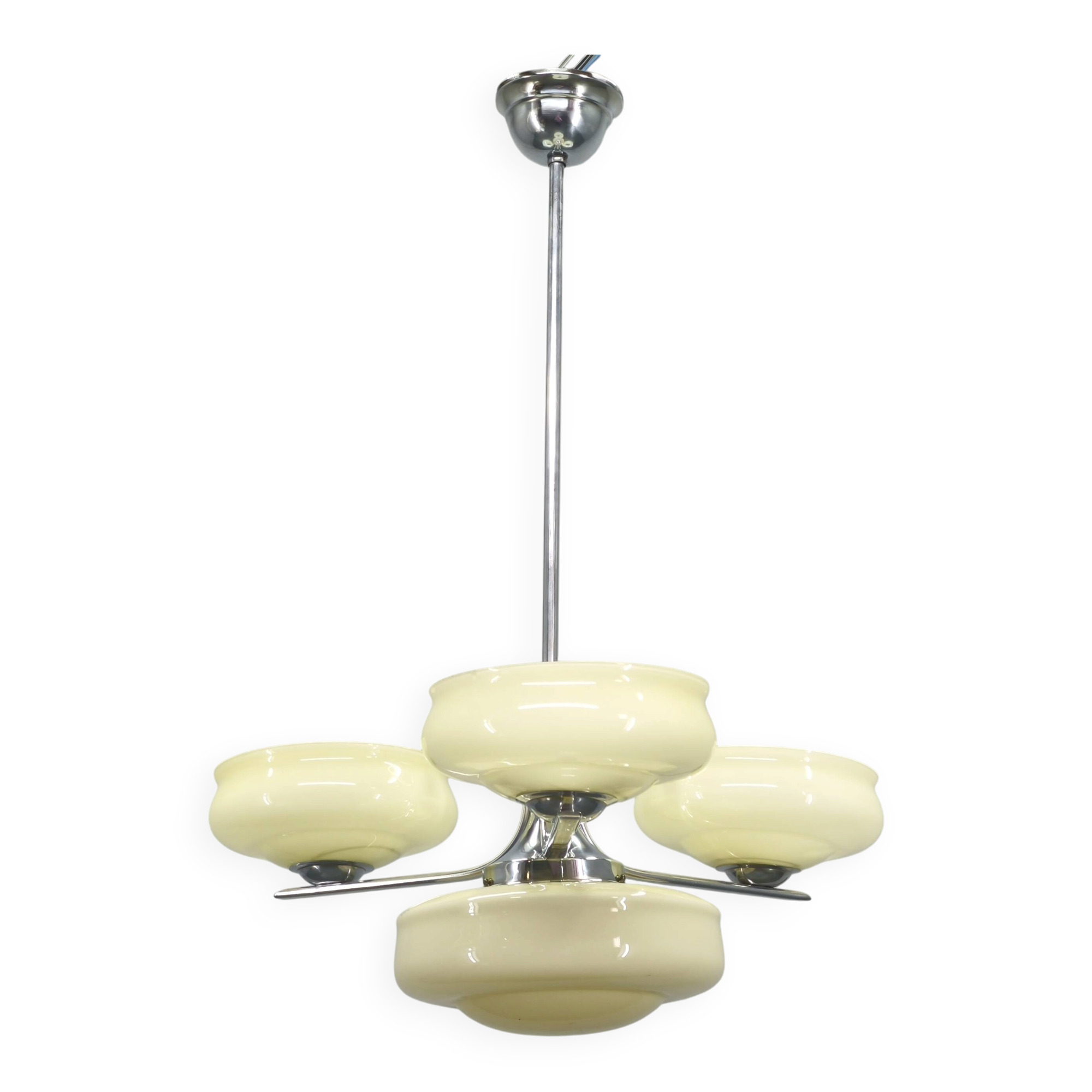 Bauhaus Chandelier Czechoslovakia 1930s Milk Glass Chrome Pendant