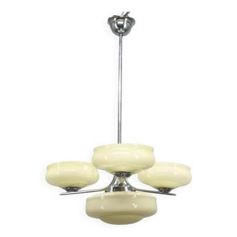 Bauhaus Chandelier Czechoslovakia 1930s Milk Glass Chrome Pendant