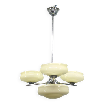 Bauhaus Chandelier Czechoslovakia 1930s Milk Glass Chrome Pendant