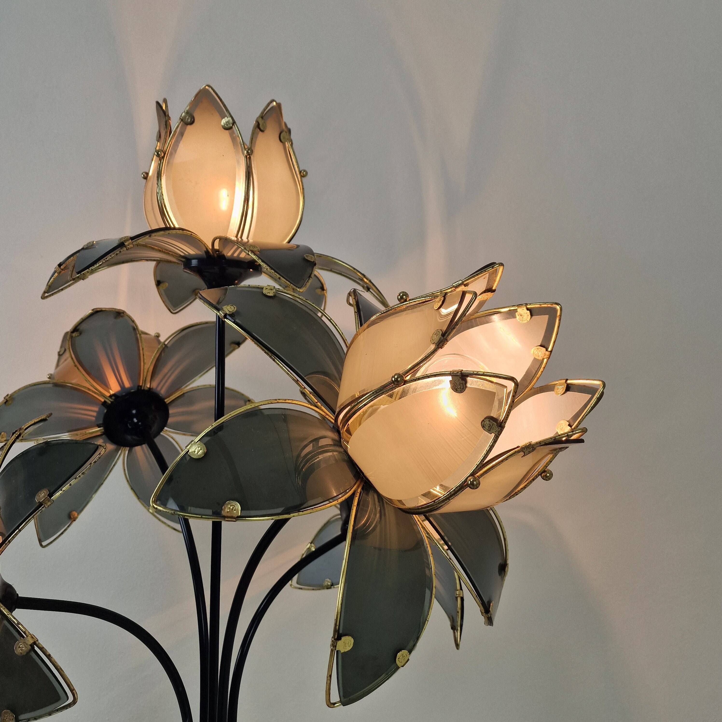 Hollywood Regency 5-Light Lotus Flower Table Lamp in Smoked Glass, 1980's