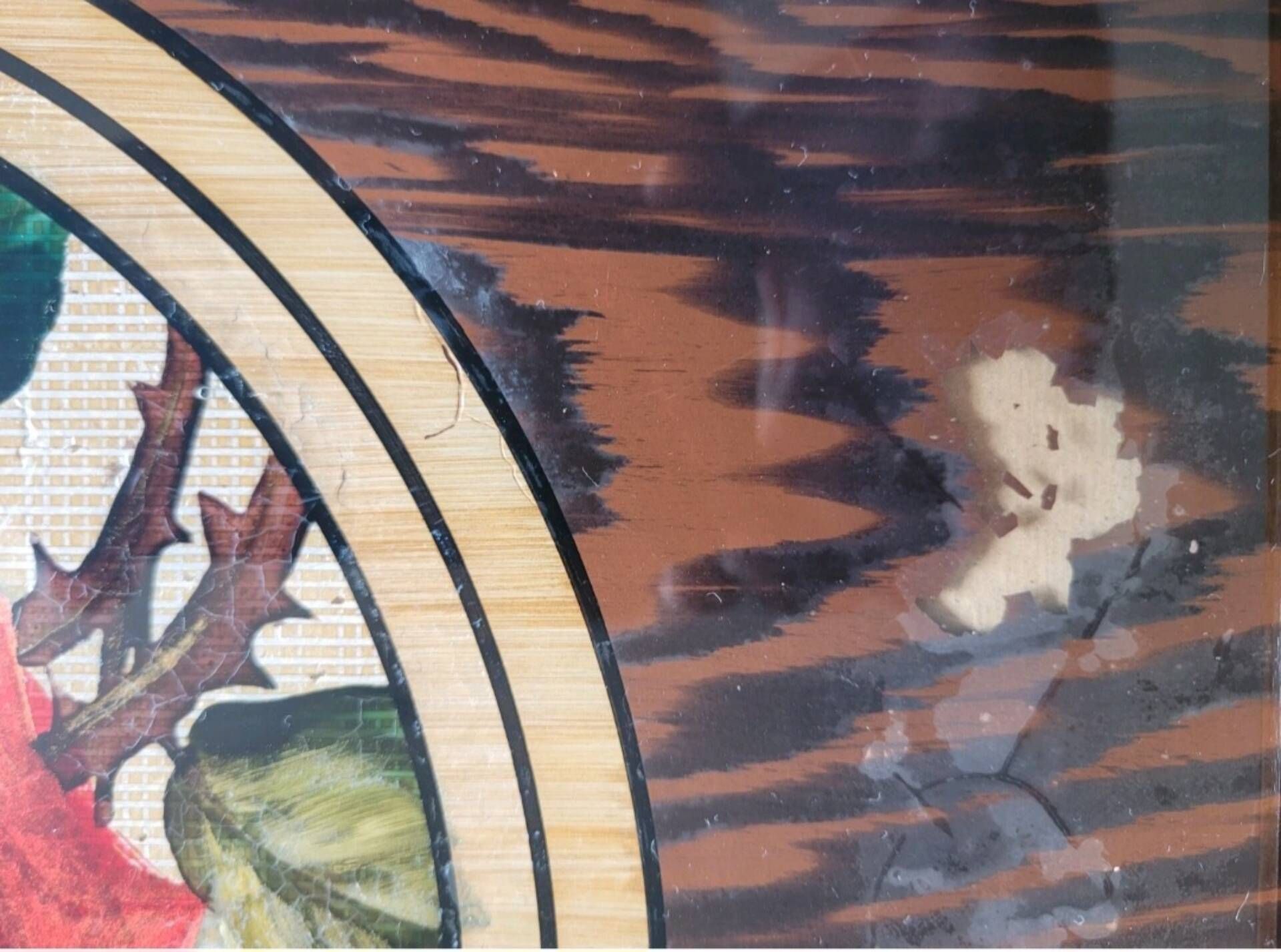 Art deco plateau, signed pola, painted glass, bamboo and rice straw.