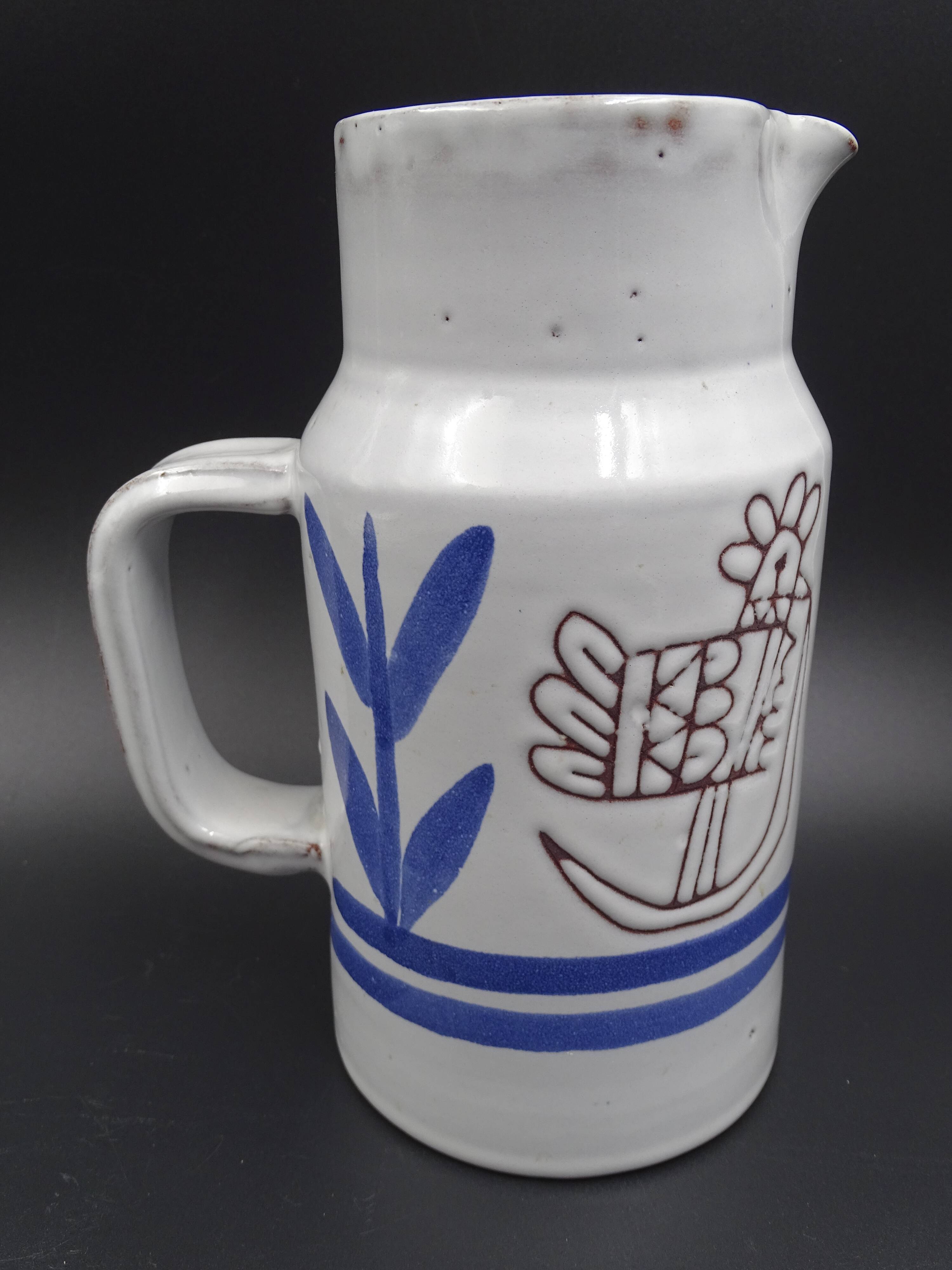 Enamelled terracotta pitcher, bird decoration engraved by Michel Barbier, Vallauris circa 1970