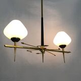 Vintage 2-spoke chandelier Moderniste Arlus from the 1950s. Black metal, brass, opaline