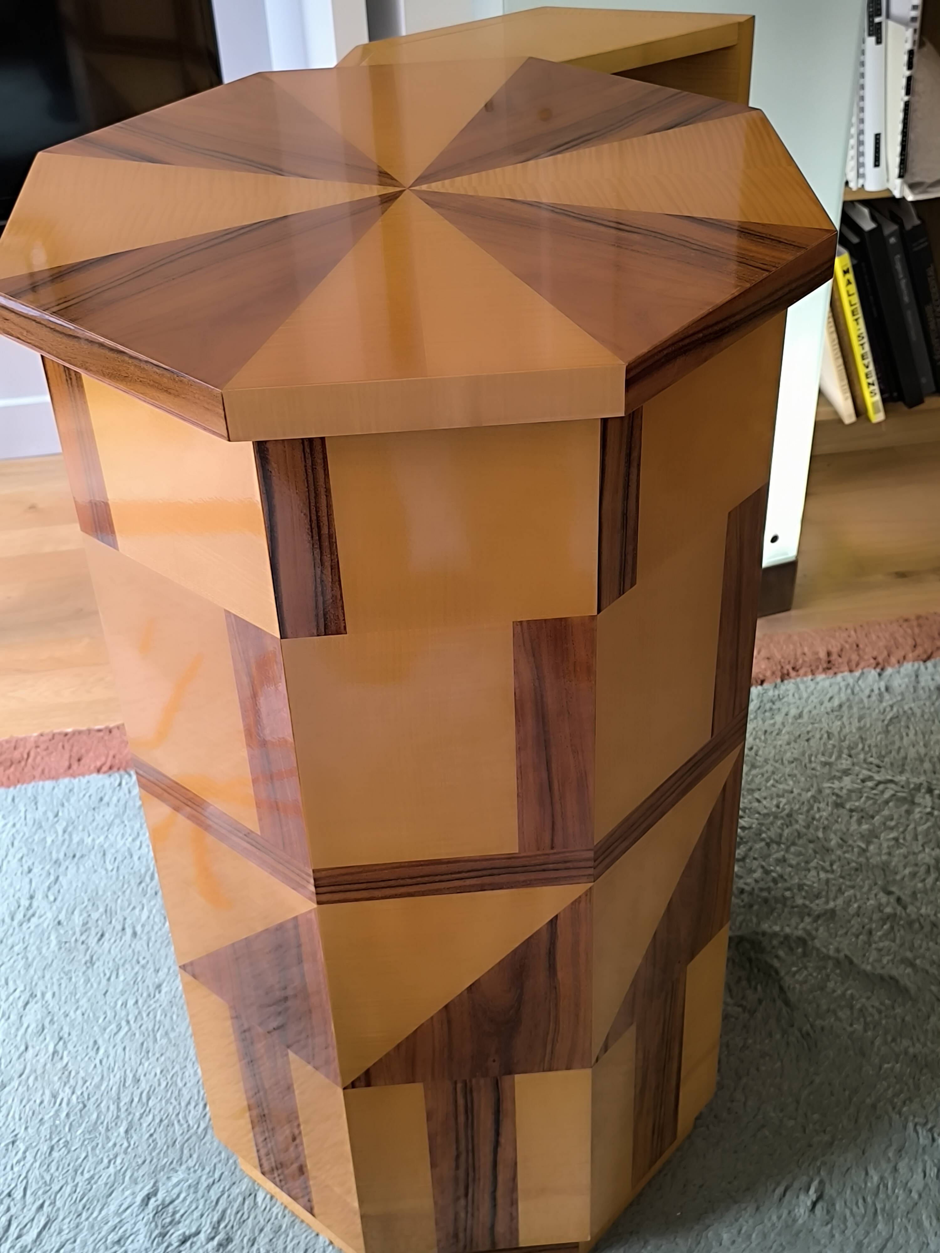 Postmodern octagonal gueridon in sycamore and rosewood, 1980–1990