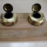 Double inkwell wood and brass