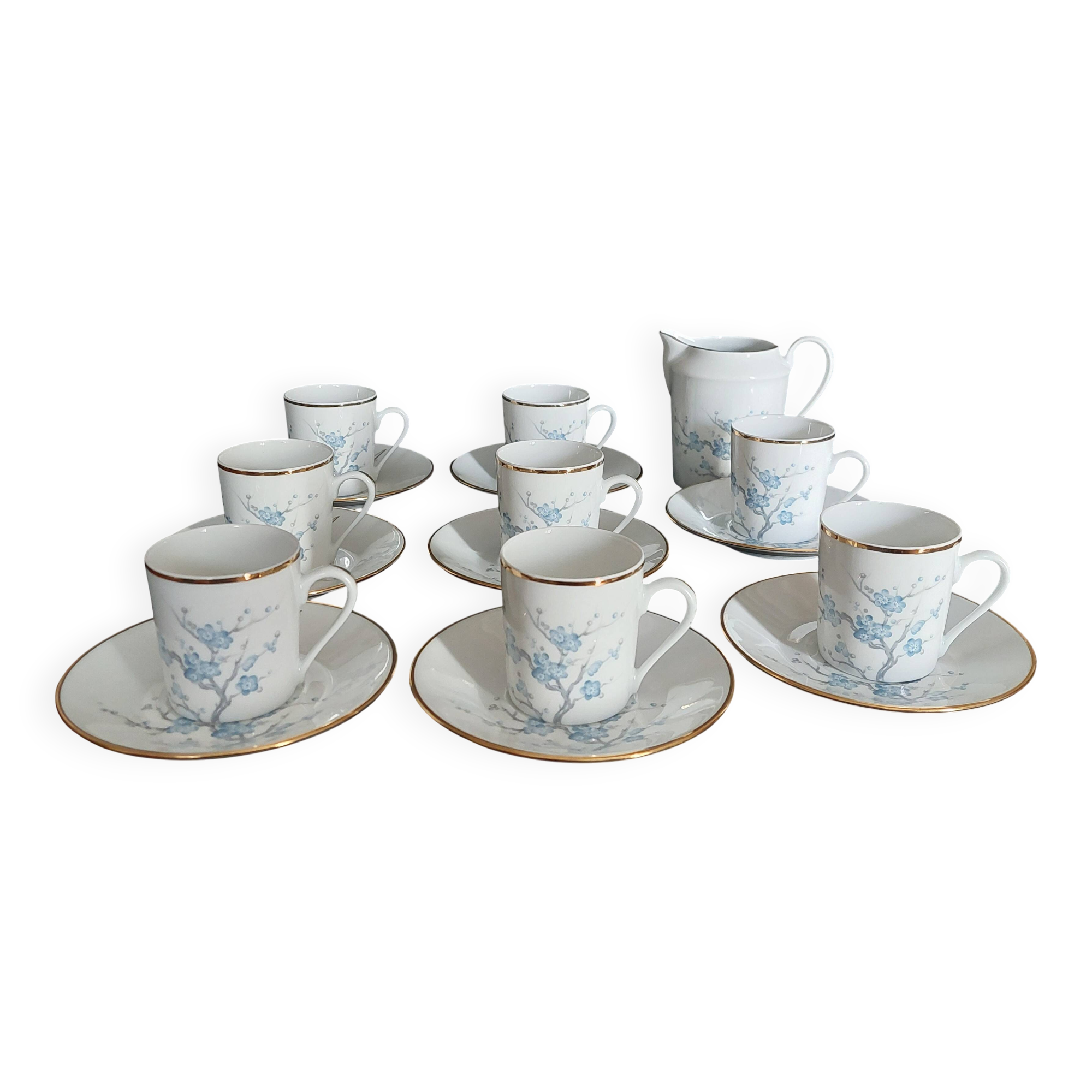 Eight-cup coffee service and creamer, Limoges porcelain, monogrammed