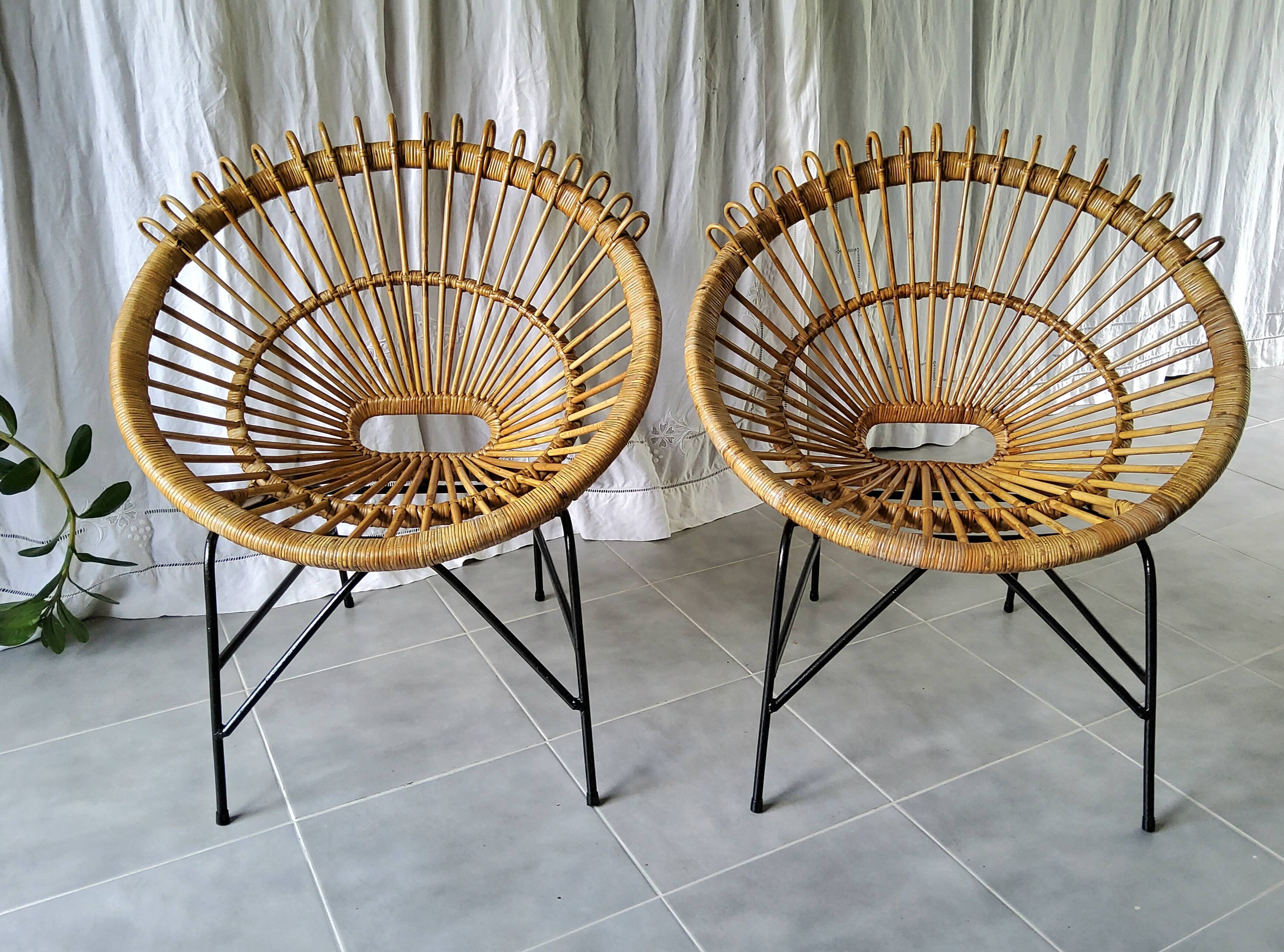 Pair of 60s rattan armchairs