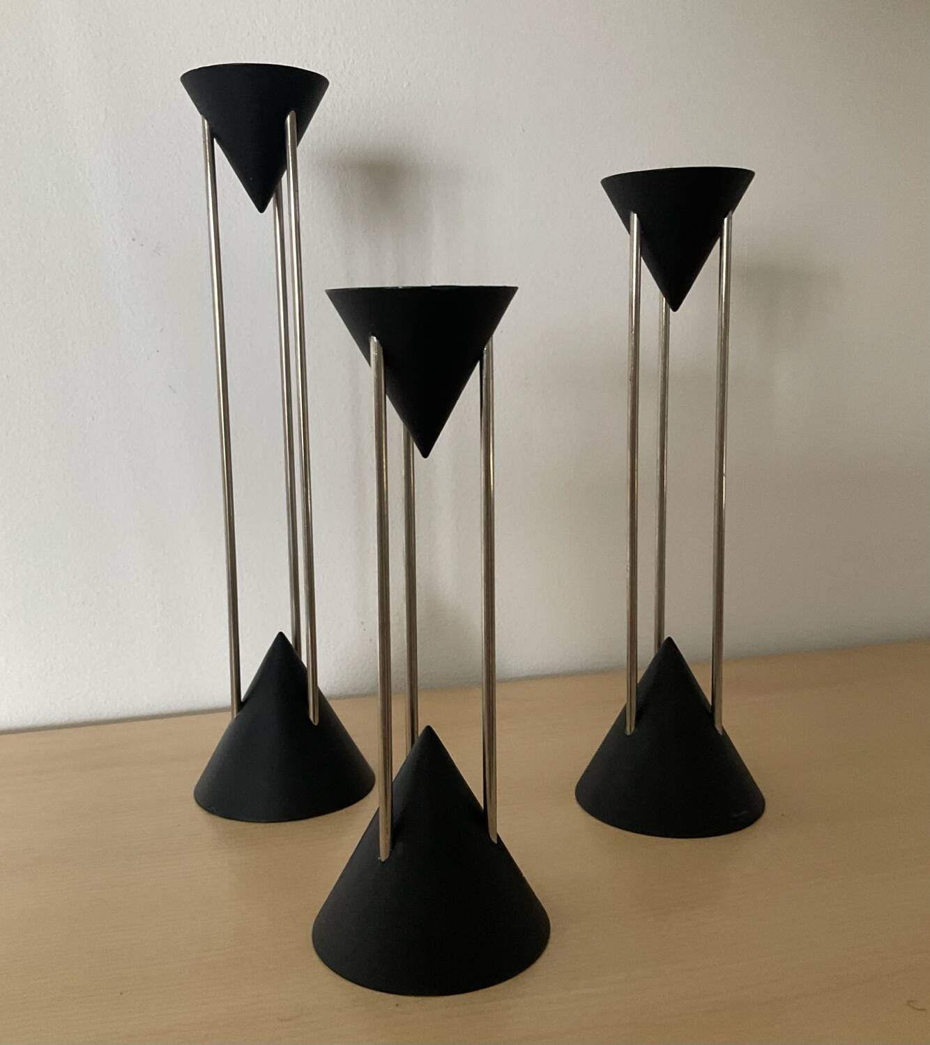 Trio of Post Modern metal candle holders