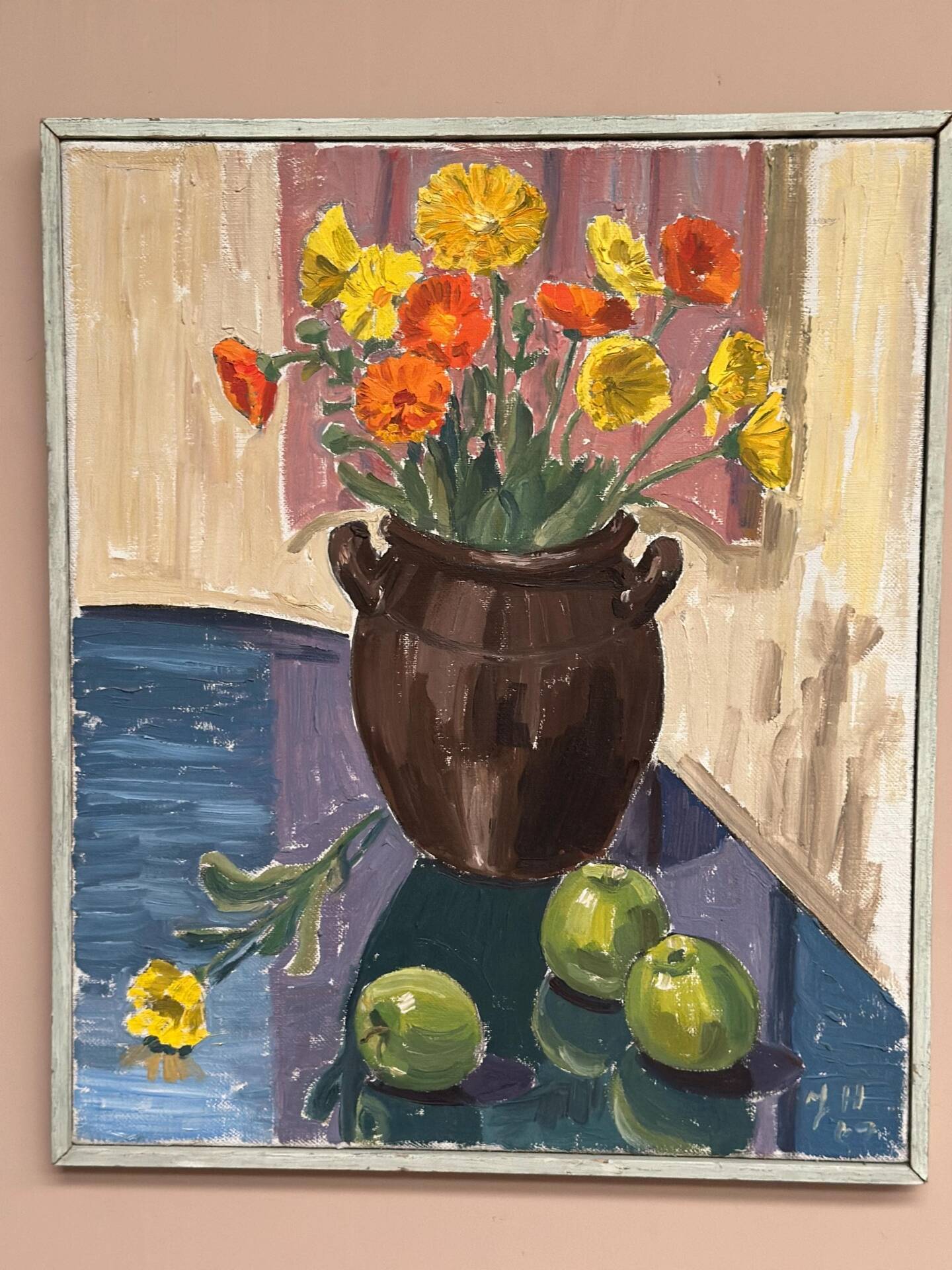 Swedish Oil on Canvas – “Apples and Flowers” – Vintage & Framed