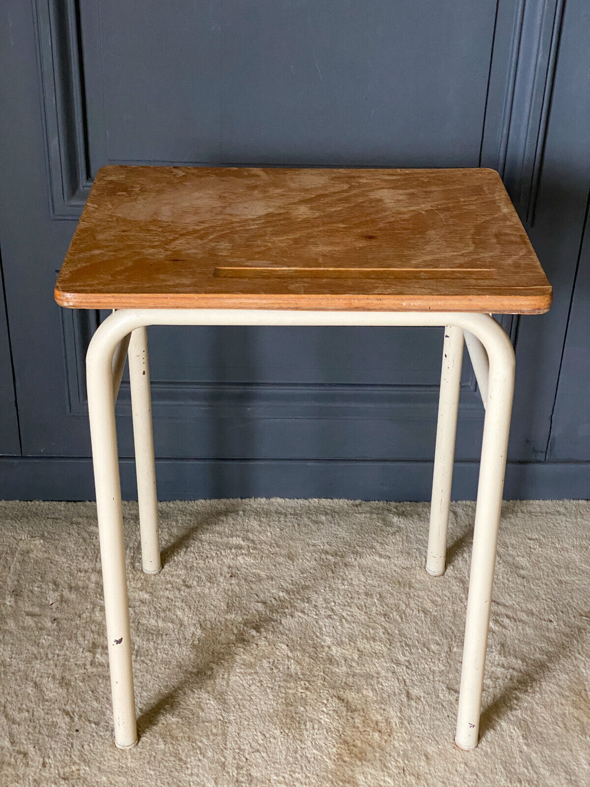 School desk 1960 white lacquered metal wooden top