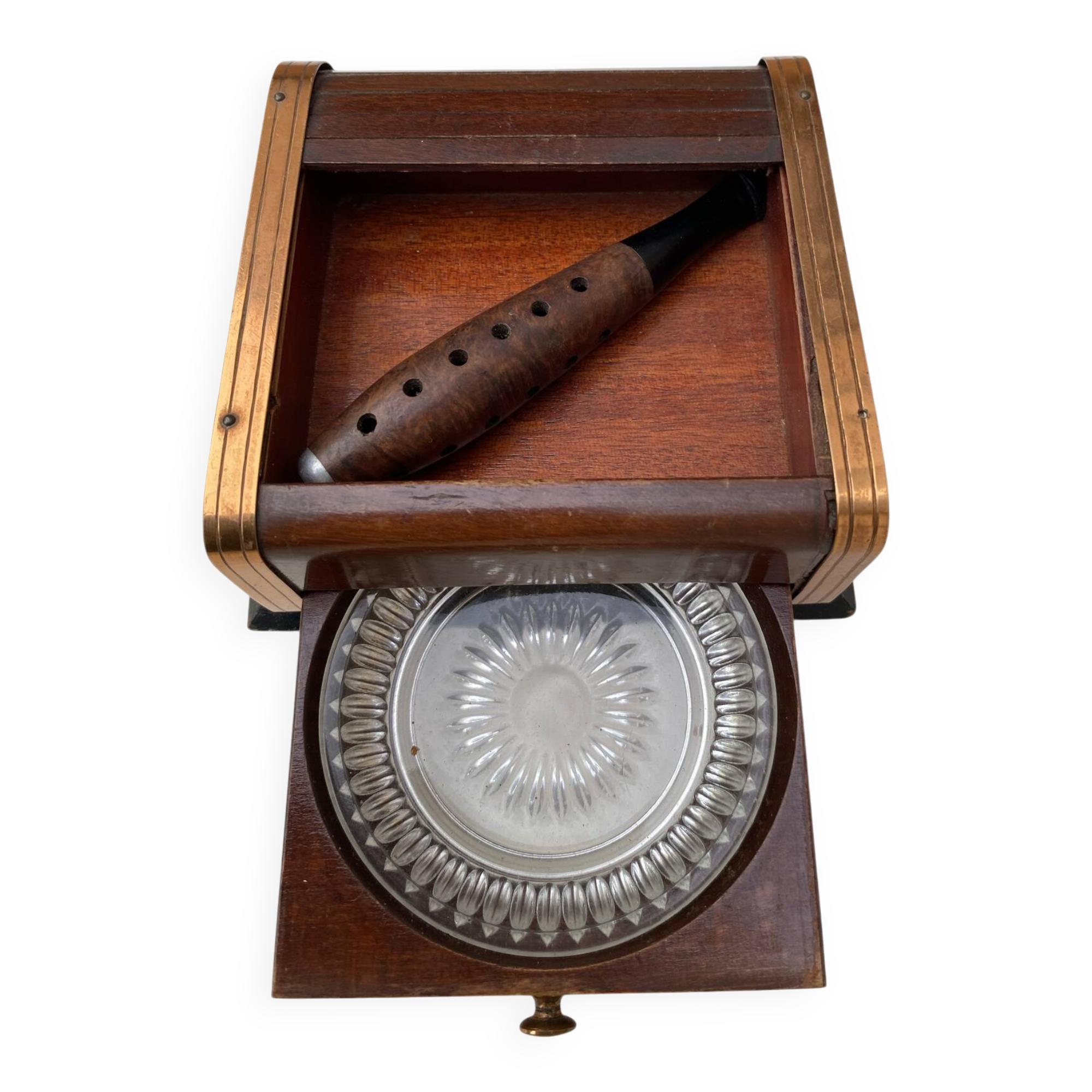 Art Deco wooden and brass cigarette box with curtain + glass ashtray
