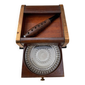 Art Deco wooden and brass cigarette box with curtain + glass ashtray