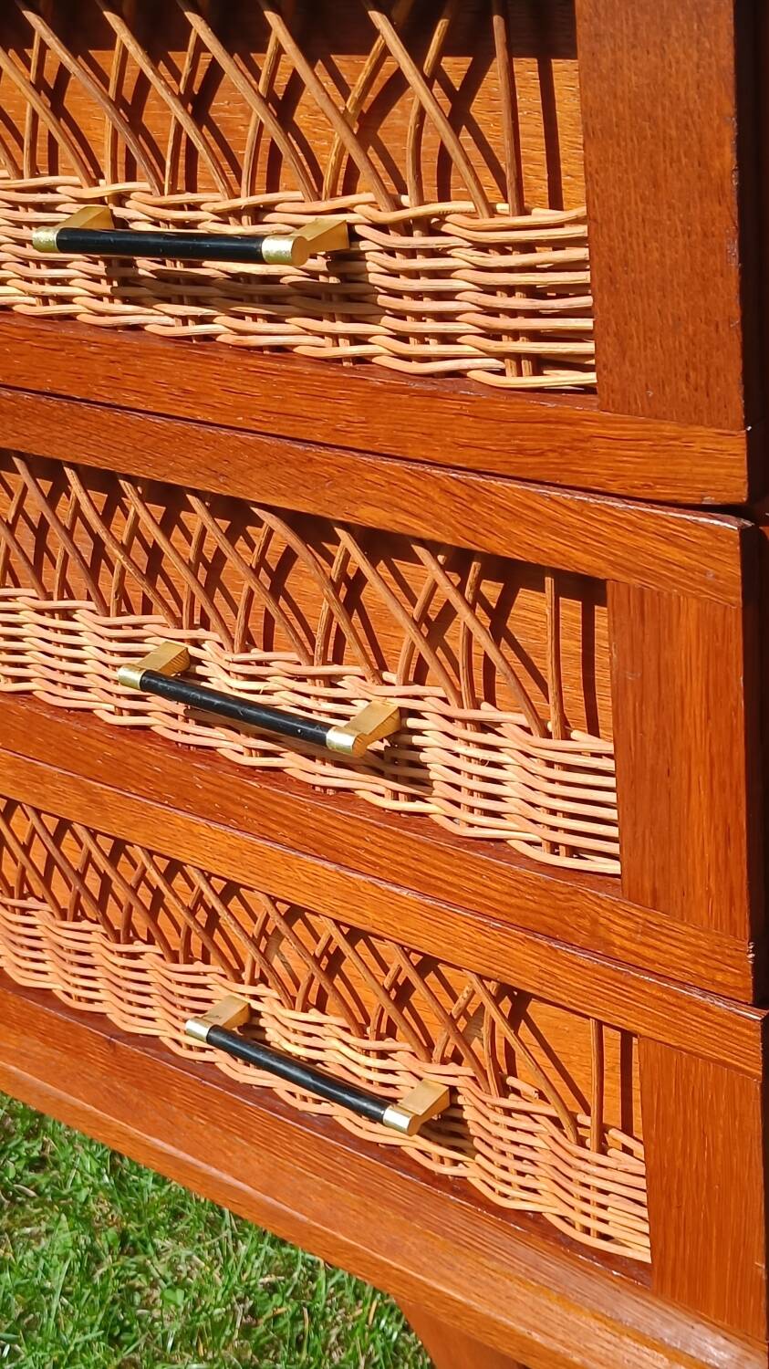 Rattan and wood splayed-leg chest of drawers