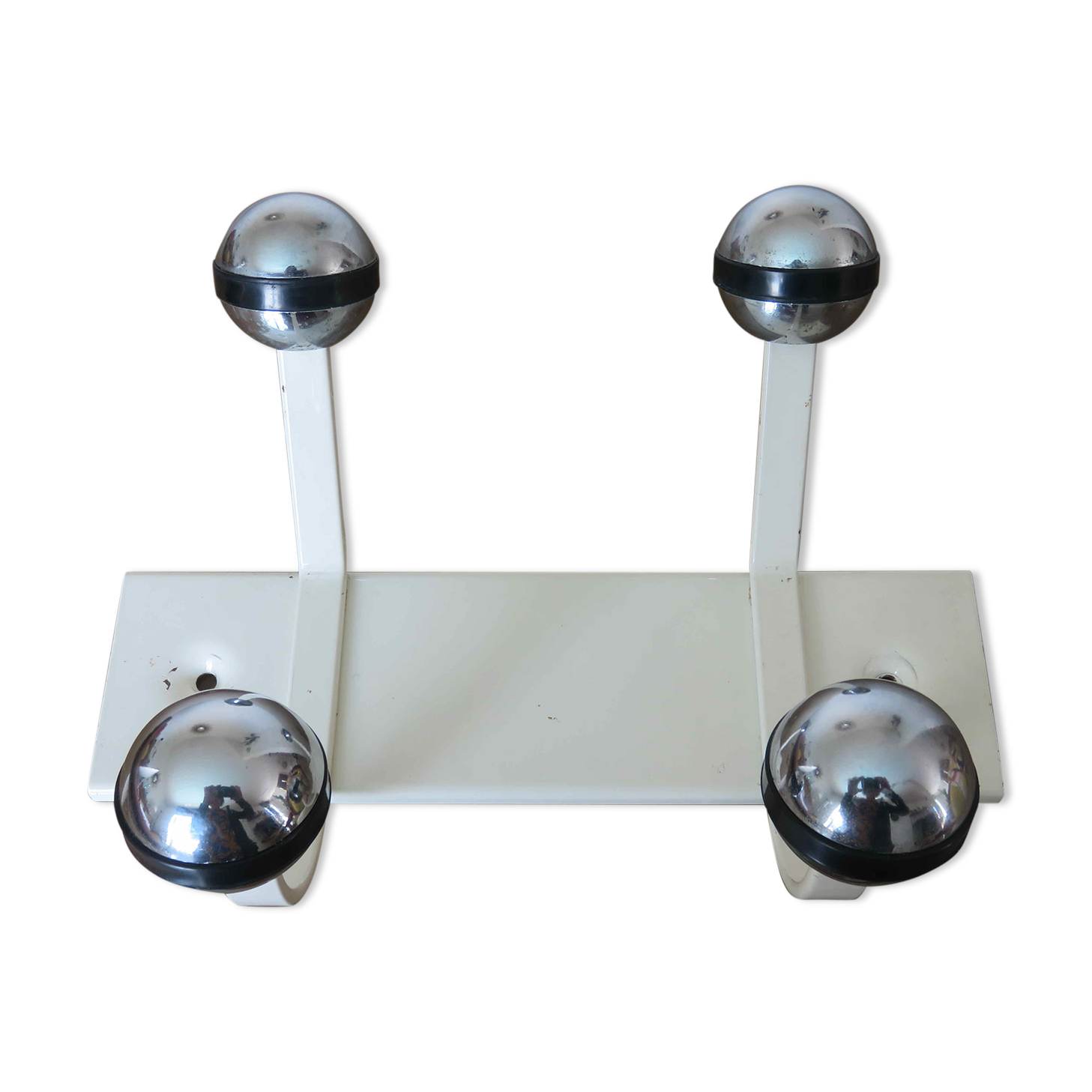 Wall coat rack 4 chrome hooks support in white lacquered metal 70s
