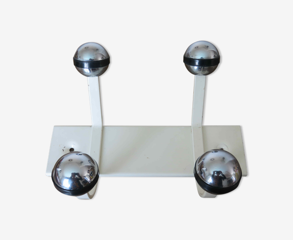 Wall coat rack 4 chrome hooks support in white lacquered metal 70s