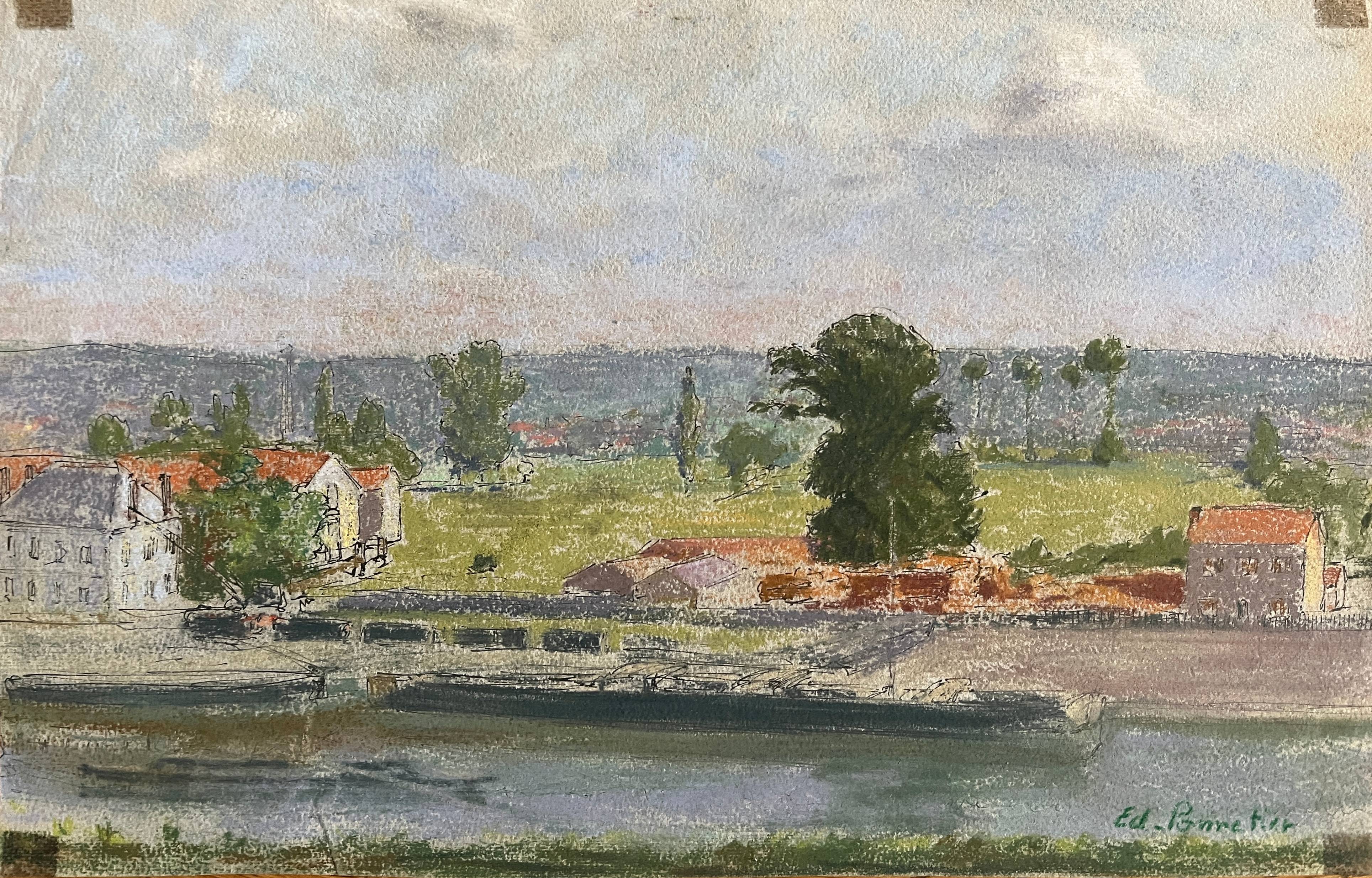 Paintings set of 4 drawings by Ed. Pannetier (1884-1965) Provence Côte d'Azur