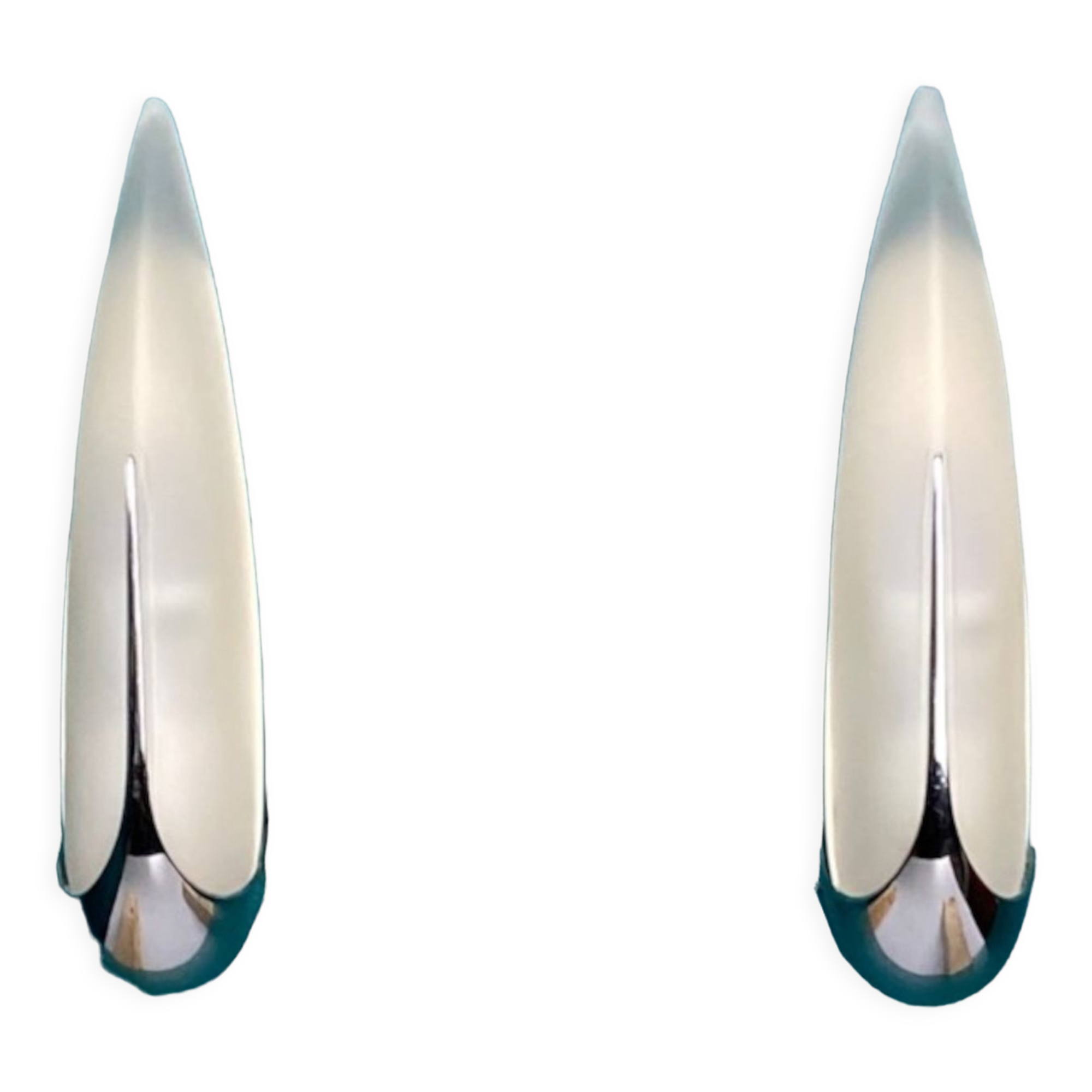 Pair bobbin sconces in sandblasted glass and chromed metal