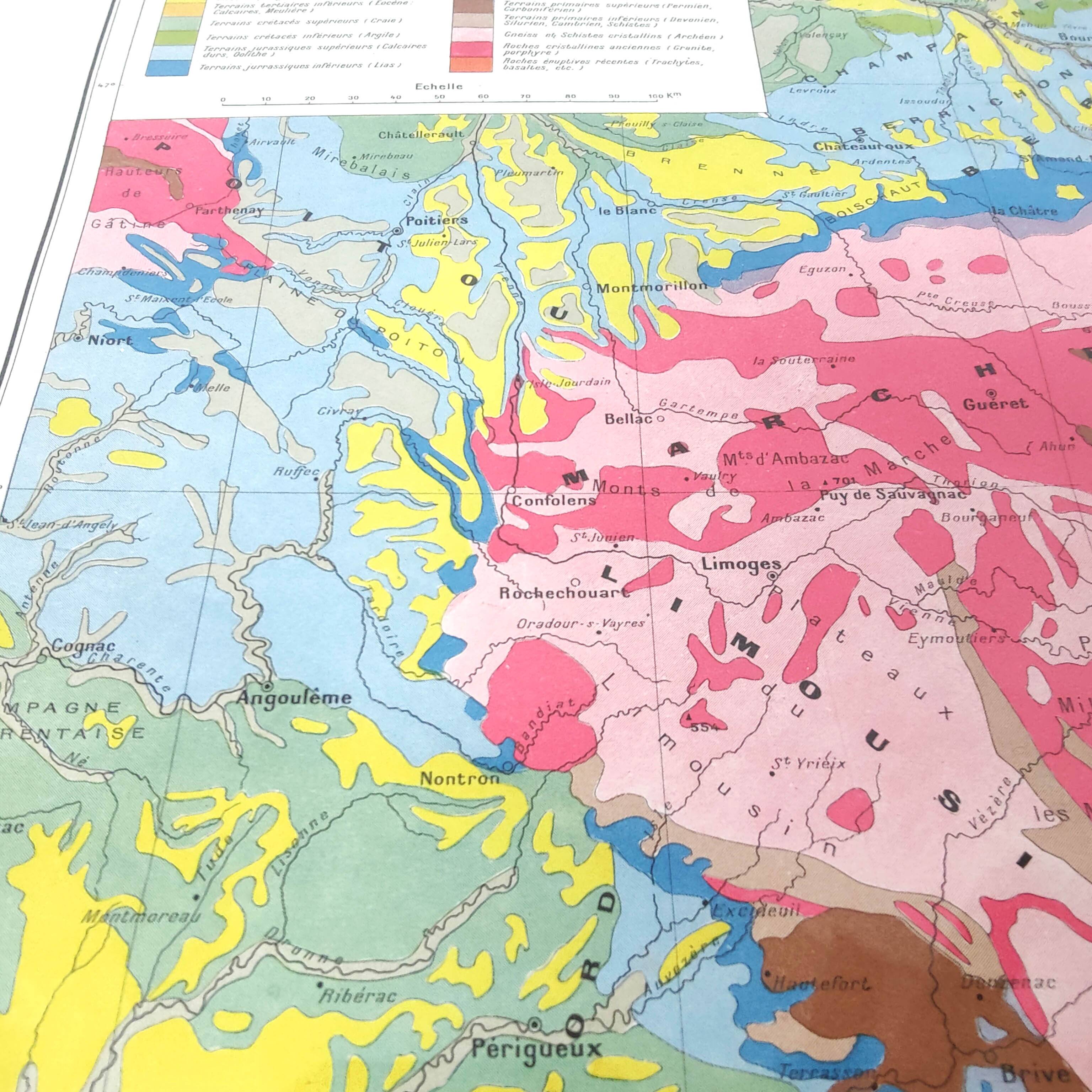 Old map of France the central massif in 1950 43x43cm