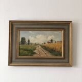 Peinture à l'huile vintage originale de paysage de cottage : Art de la nature encadré