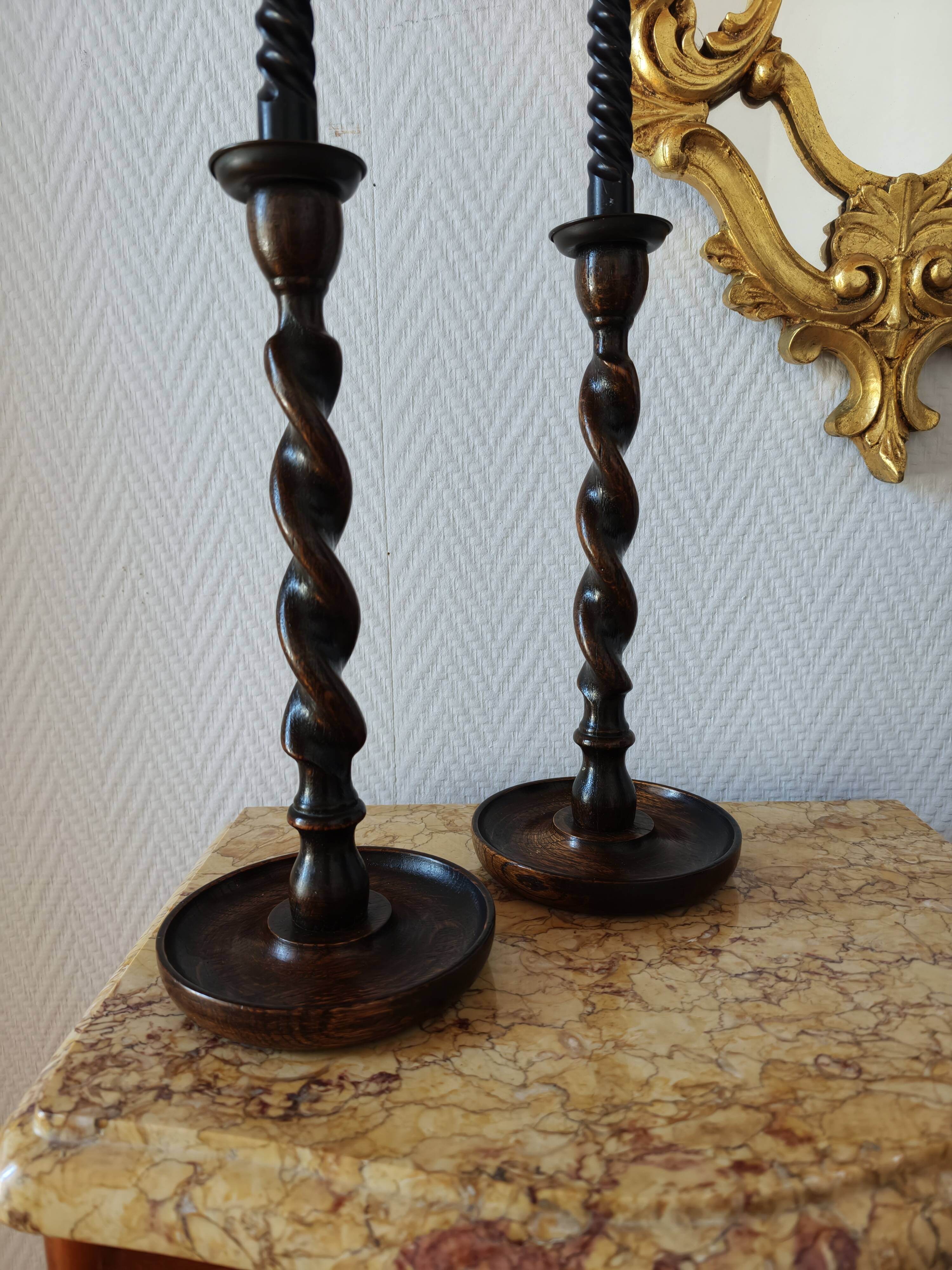 Pair of Barley Twist candlesticks in oak – English style, circa 1950
