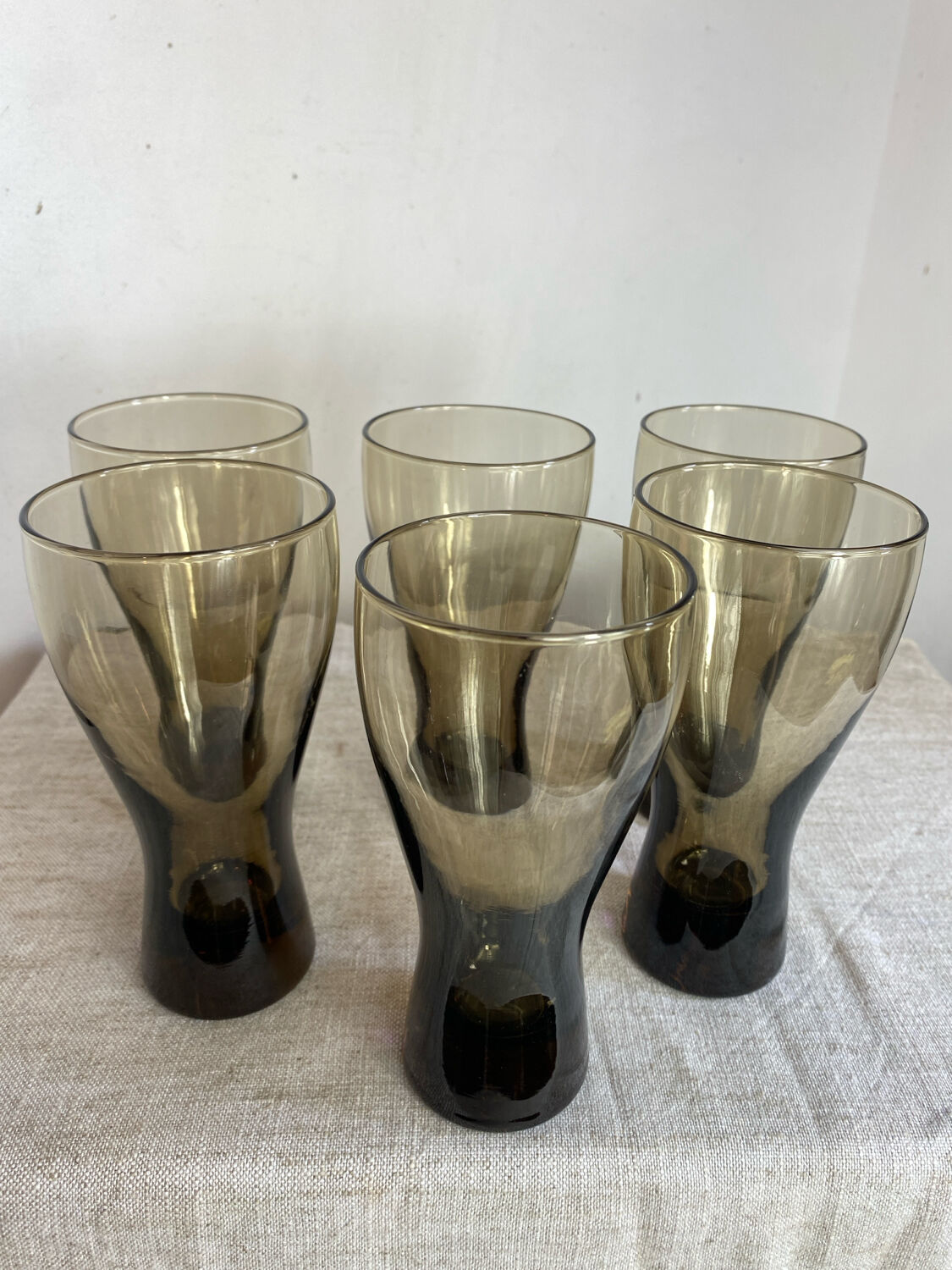 Six smoky glass soda glasses, Luminarc, 1970s.