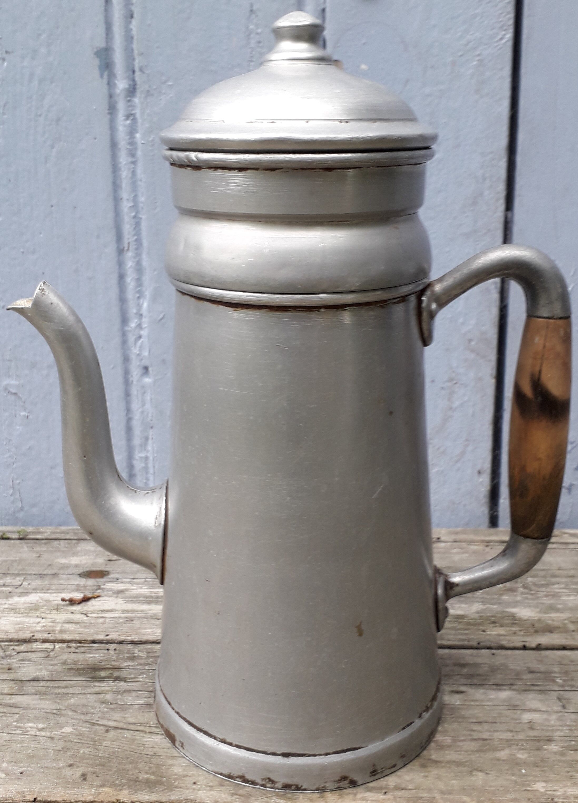 Aluminum and wood coffee pot