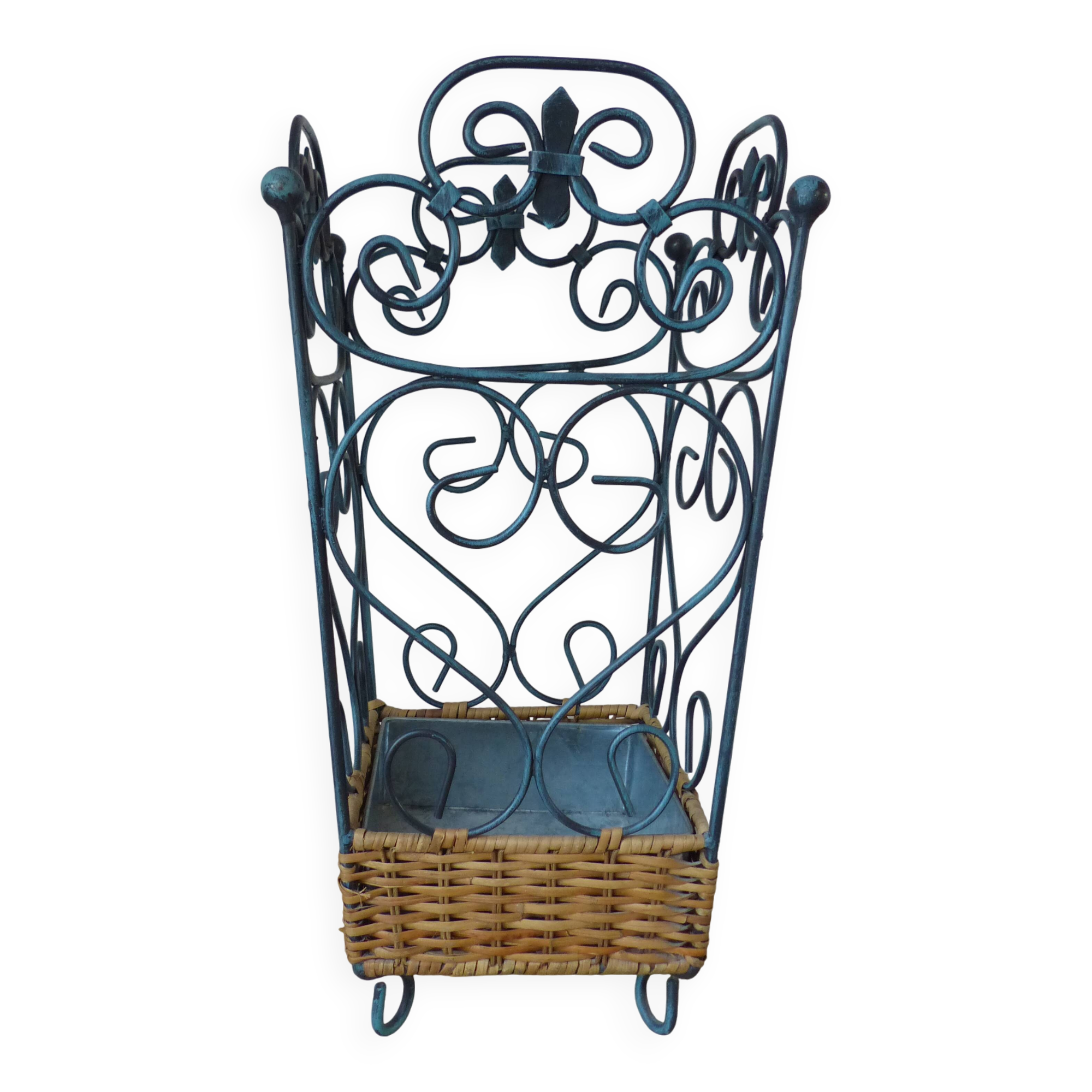 Porte-parapluies français shabby chic en métal et osier tressé – rangement