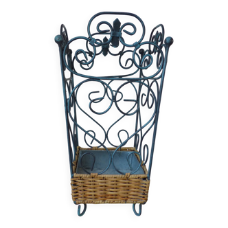 Shabby chic French umbrella stand in metal and woven wicker – storage