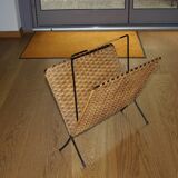 Vintage magazine rack in wrought iron and woven wicker 196