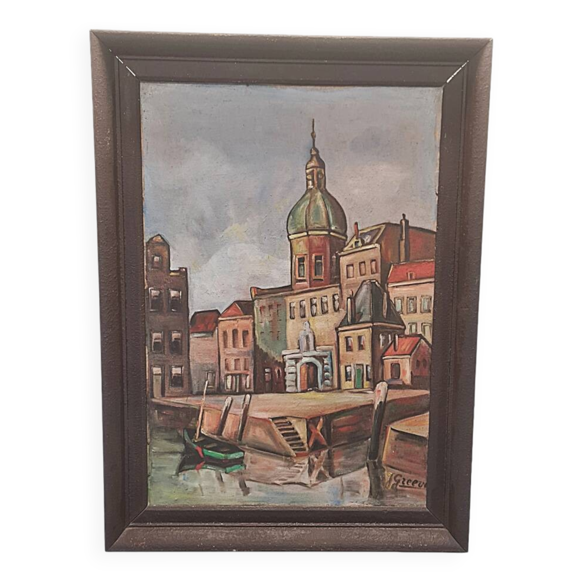 Dutch oil painting by J. Greeve Groothoofd In Dordrecht, early 1900s