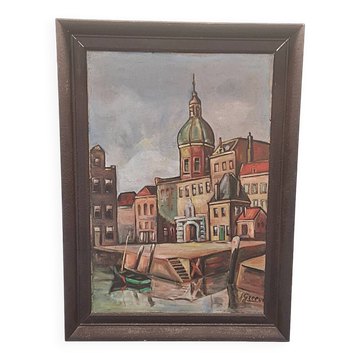 Dutch oil painting by J. Greeve Groothoofd In Dordrecht, early 1900s