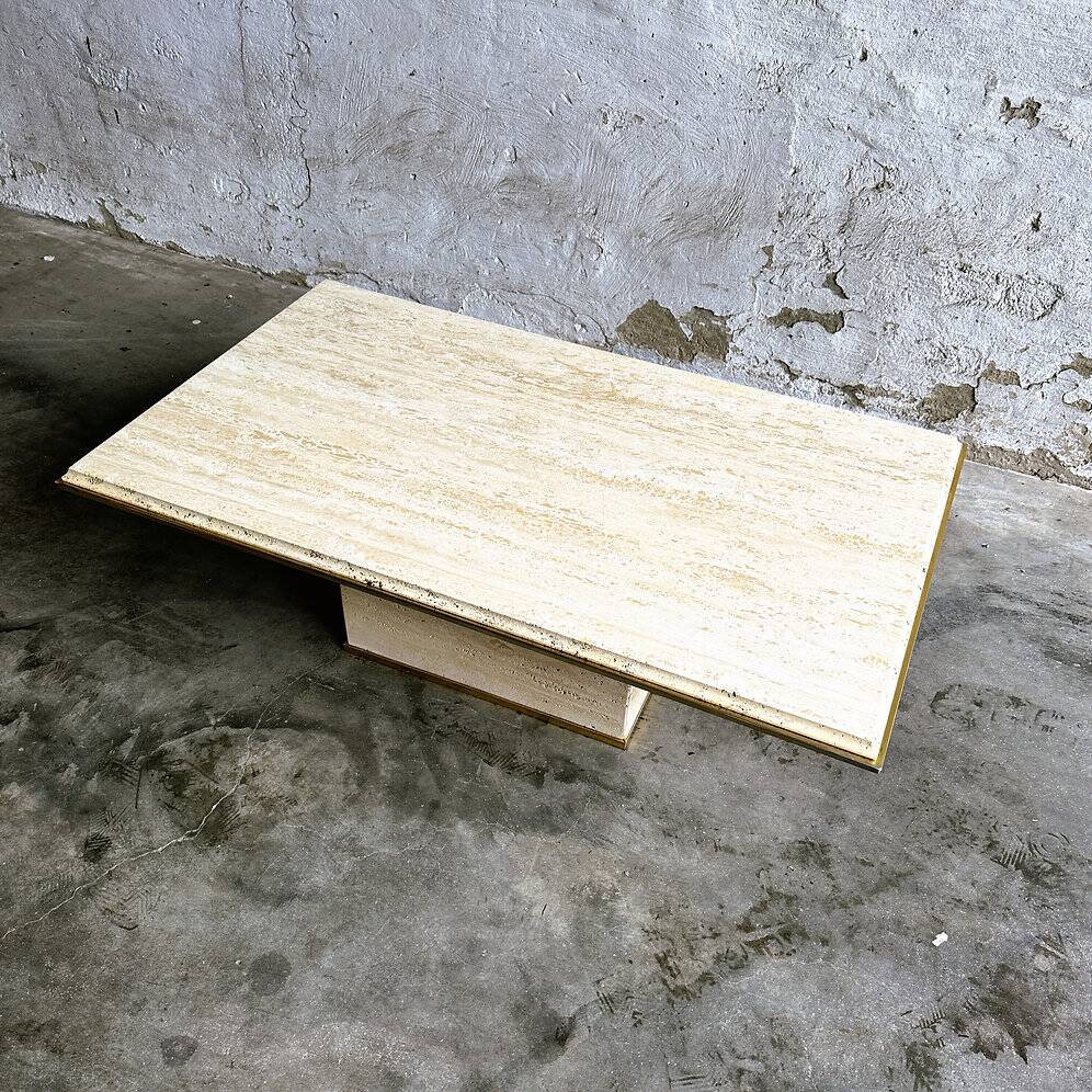 Vintage travertine coffee table with brass rim, France 1980s