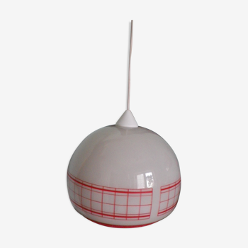 Space age pendant lamp, white opaline with orange silkscreened geometric designs