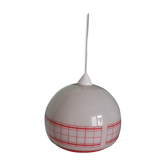 Space age pendant lamp, white opaline with orange silkscreened geometric designs