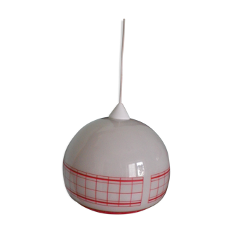 Space age pendant lamp, white opaline with orange silkscreened geometric designs