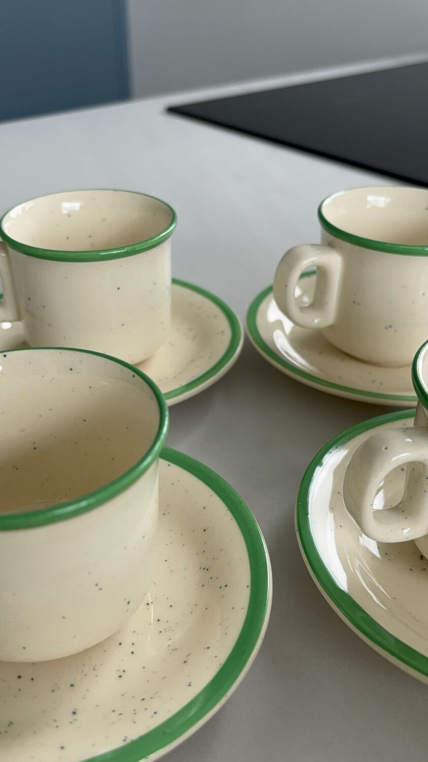 Set of 6 vintage speckled beige and green espresso cups – coffee service