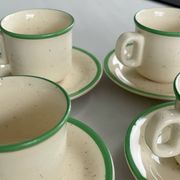 Set of 6 vintage speckled beige and green espresso cups – coffee service