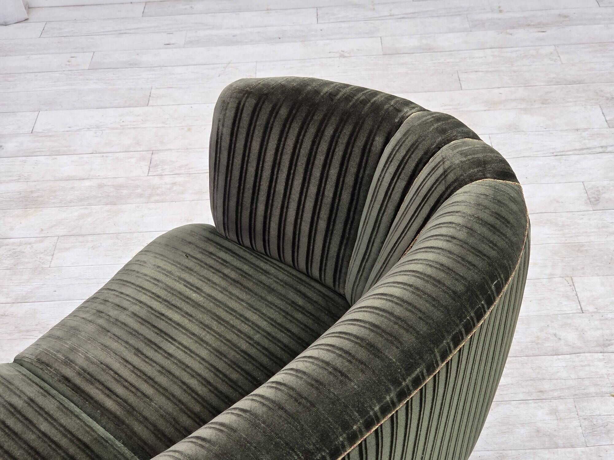 1960s, Danish 2-seater curved sofa, furniture velour, oak wood.