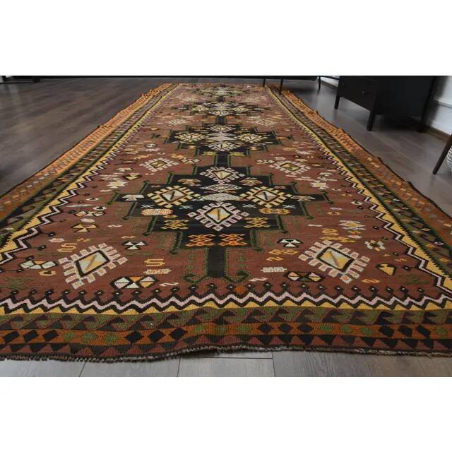 1970s Vintage Turkish Handmade Wool & Cotton Brown Runner Rug 178x475