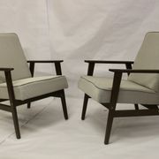 Pair of Henryk Lis armchairs 300-190s 1970s reupholstered gray textured fabric.