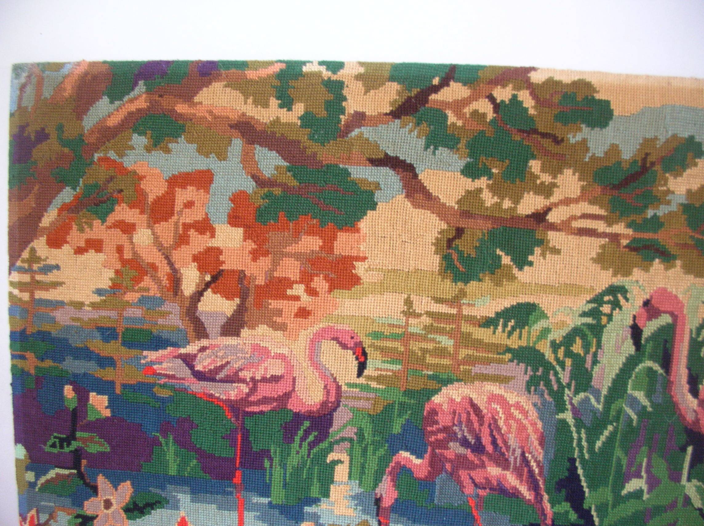 Old canvas tapestry made from a group of pink flamingos 102 cm vintage decoration 1970