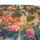 Old canvas tapestry made from a group of pink flamingos 102 cm vintage decoration 1970