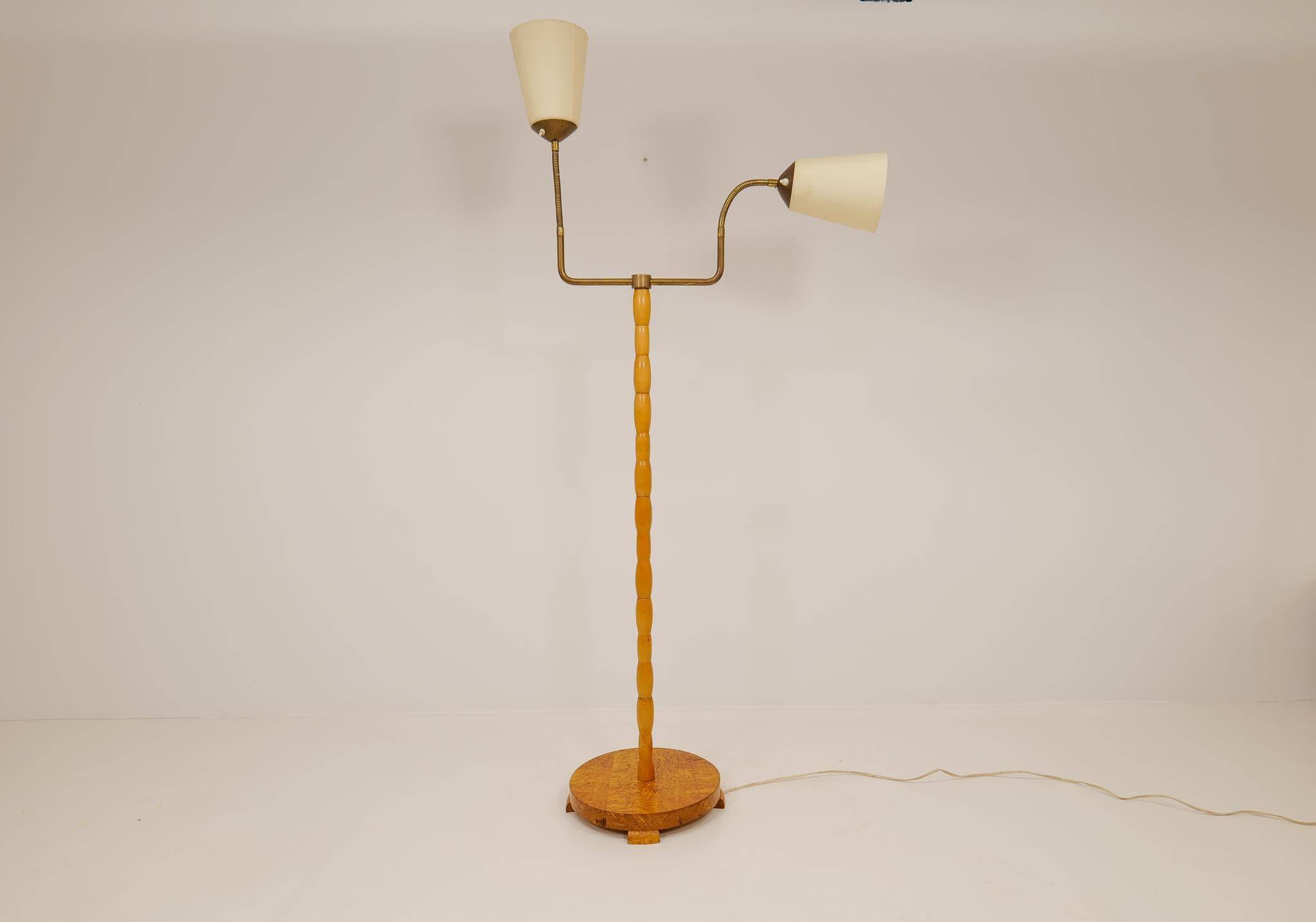 Mid-century organic floor lamp in birch and brass, Sweden, 1950s