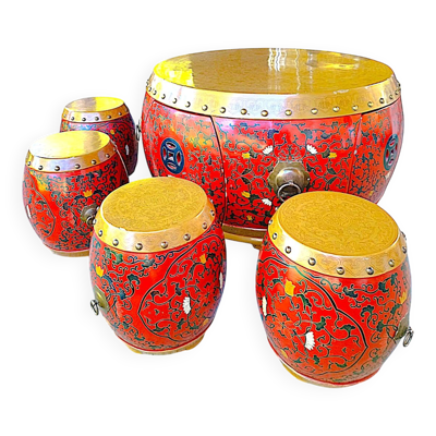 Table basse tambour et ses 4 tabourets gigognes en bois laqué chinois - Jin