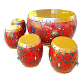 Table basse tambour et ses 4 tabourets gigognes en bois laqué chinois - Jin